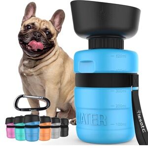 Dog Water Bottle - Black and Blue 18 Oz with attached bowl